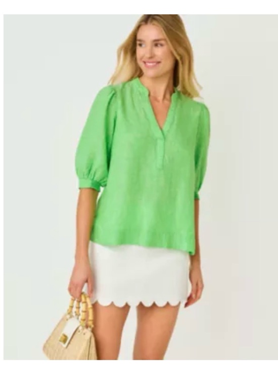 Lilly Pulitzer Tops - Lilly Pulitzer Mialeigh Linen Top Putting Green-V Neck Puff Sleeve NWT